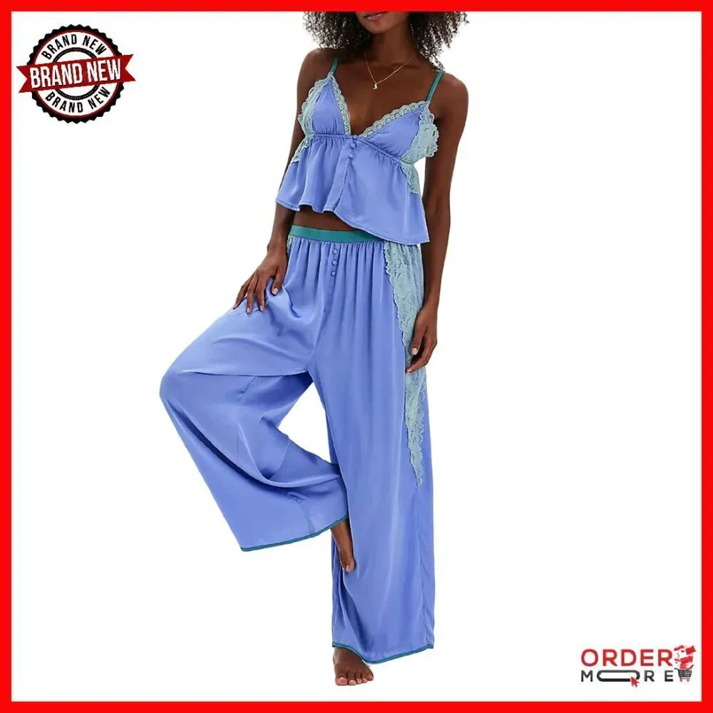 Satin Silk Pajama Set Lace Cami Top & Pants Lounge Sleepwear